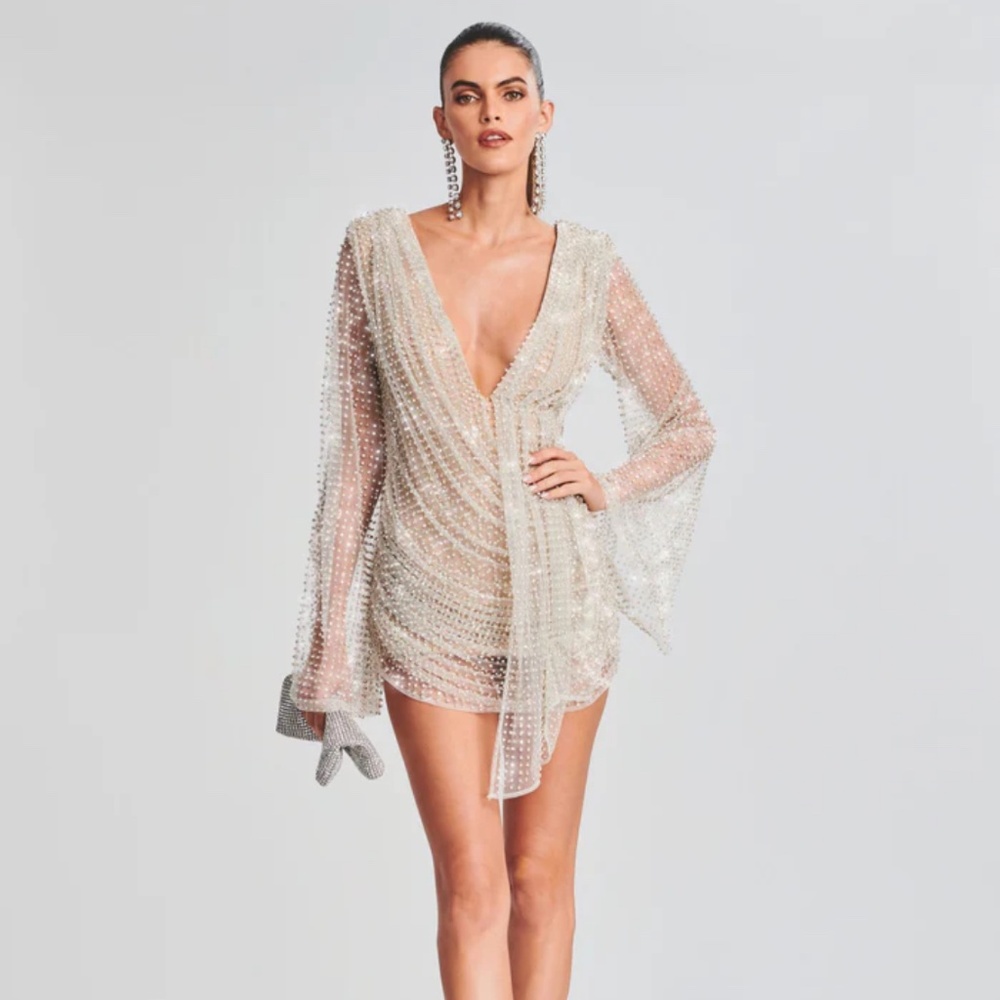 Retrofete Ivory Beaded V-Neck Midi Dress